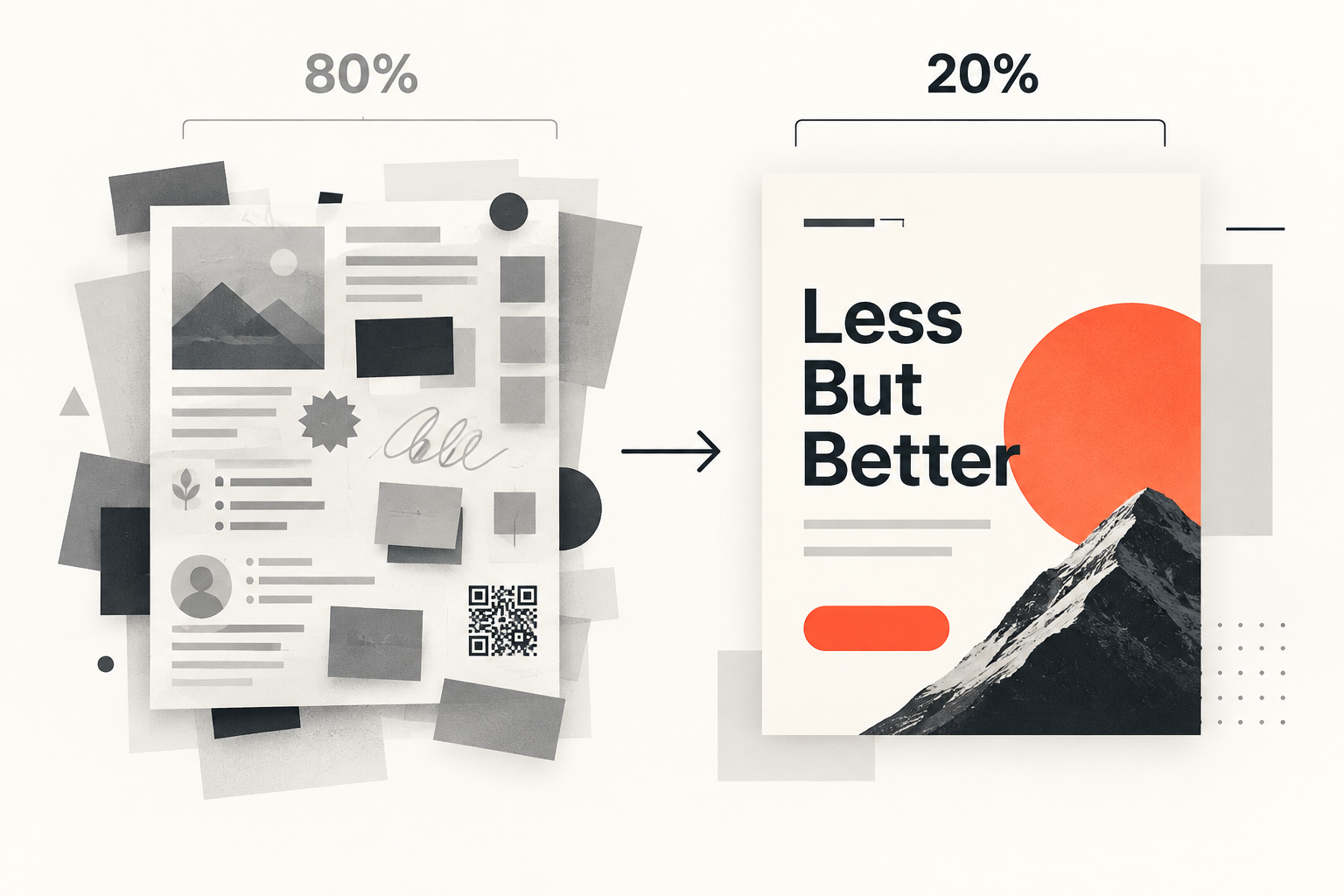 Cluttered layout beside a focused Less But Better poster
