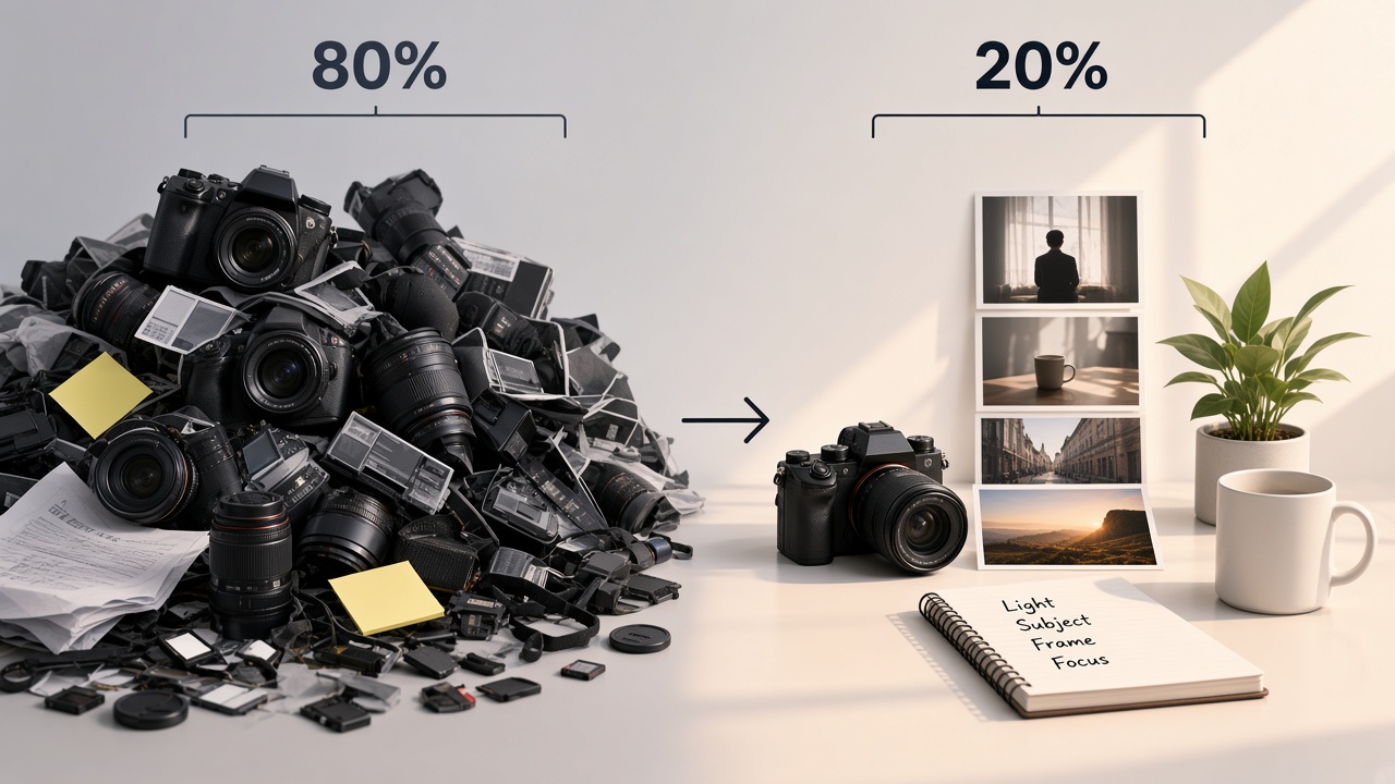 80/20 rule in photography: a camera, unused gear, and a small set of keeper photographs
