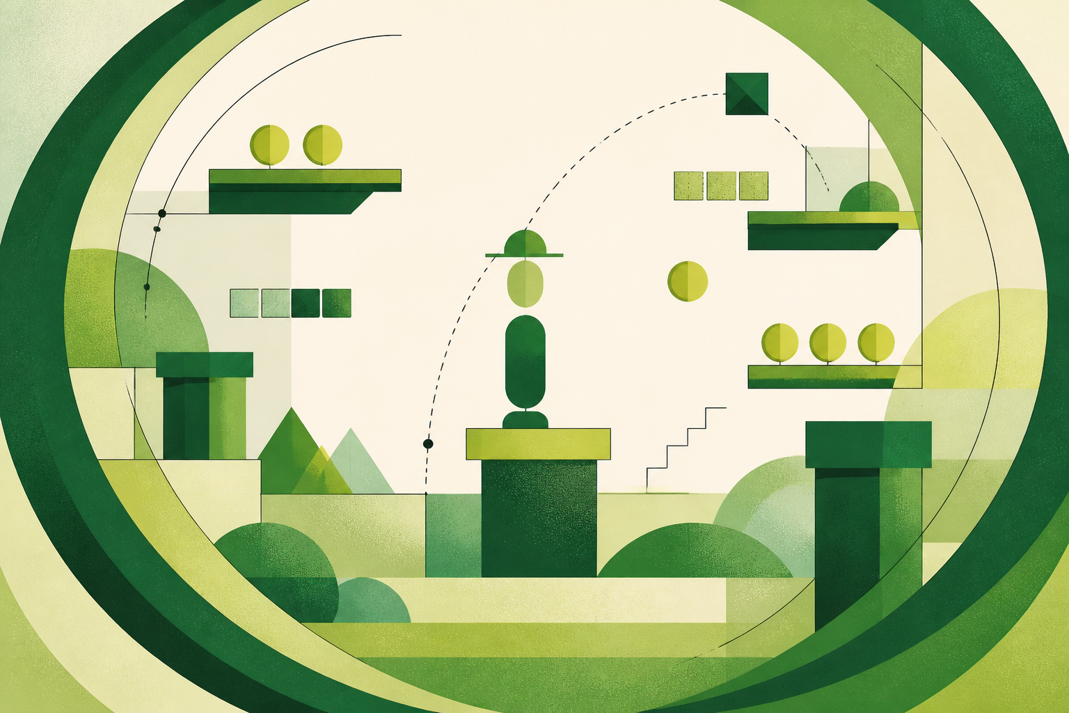 Abstract green Mario-style platform geometry - jump arcs, pipes, and bottleneck screens